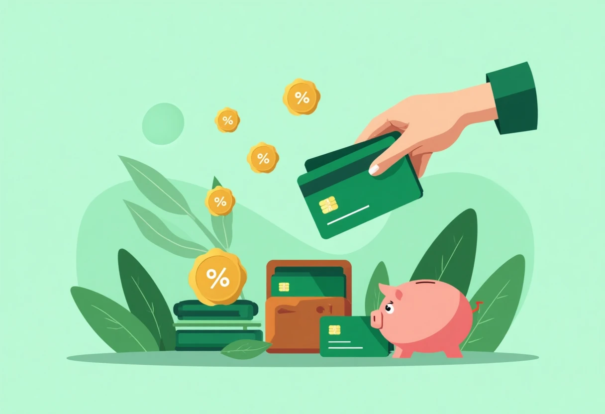 Credit cards with cashback and savings icons