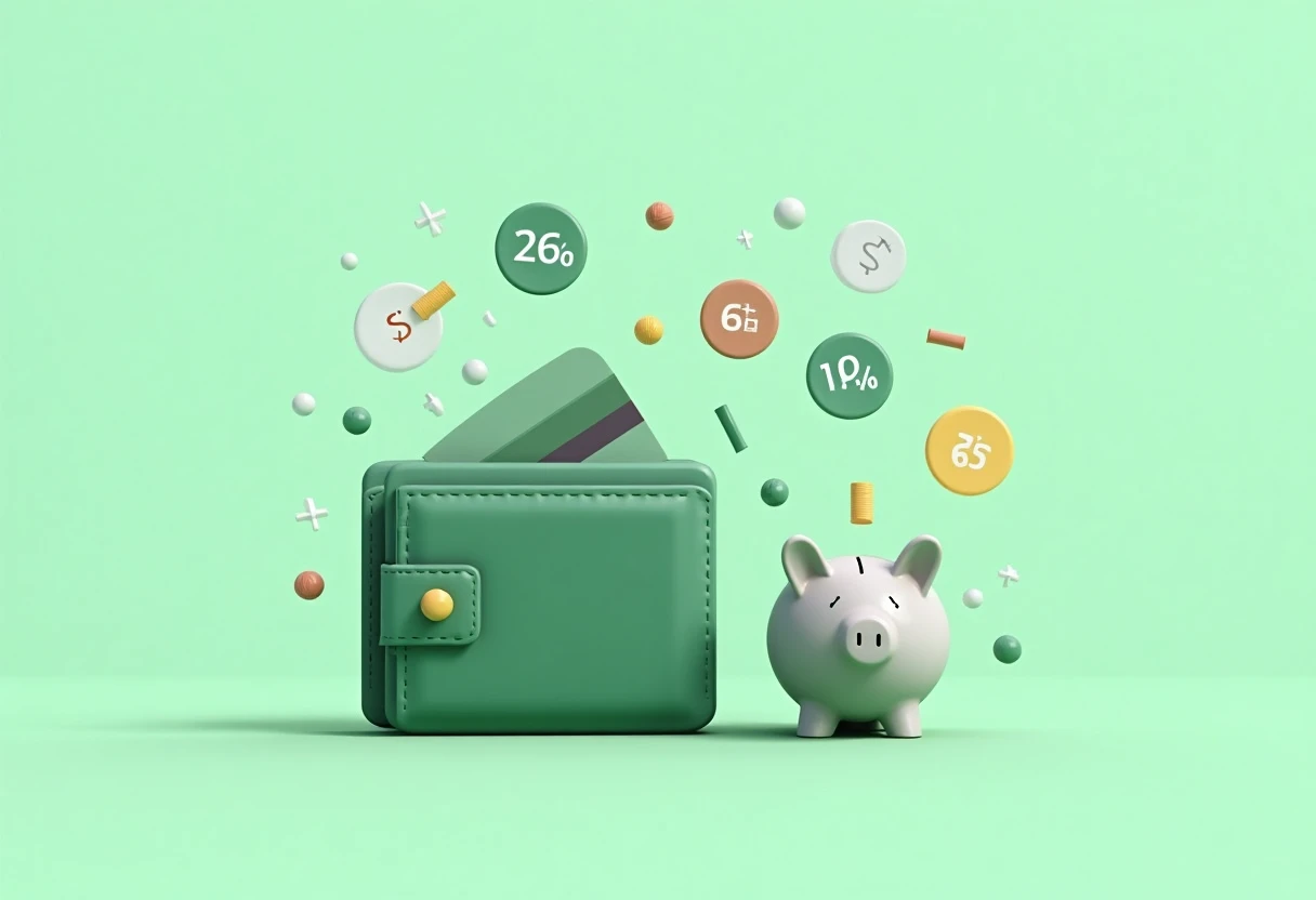 Wallet with cashback and percentage badges